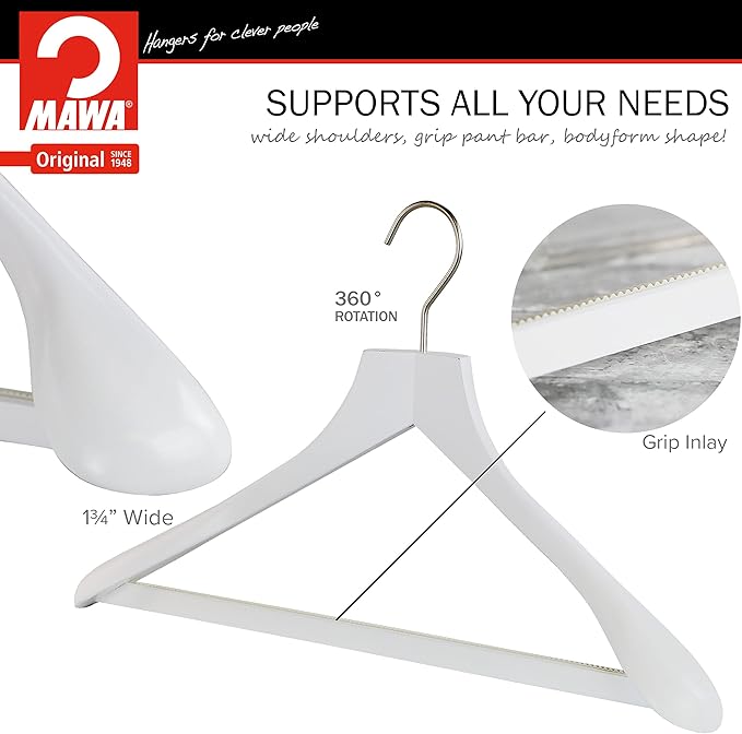 MAWA by Reston Lloyd, European Wooden Hanger, Beech Wood Body Form Hanger with Wide Supportive Shoulders, Rotating Chrome Hook, White Finish, for Shirts, Blazers, Pants, Dress Clothes Hanger, Set of 2