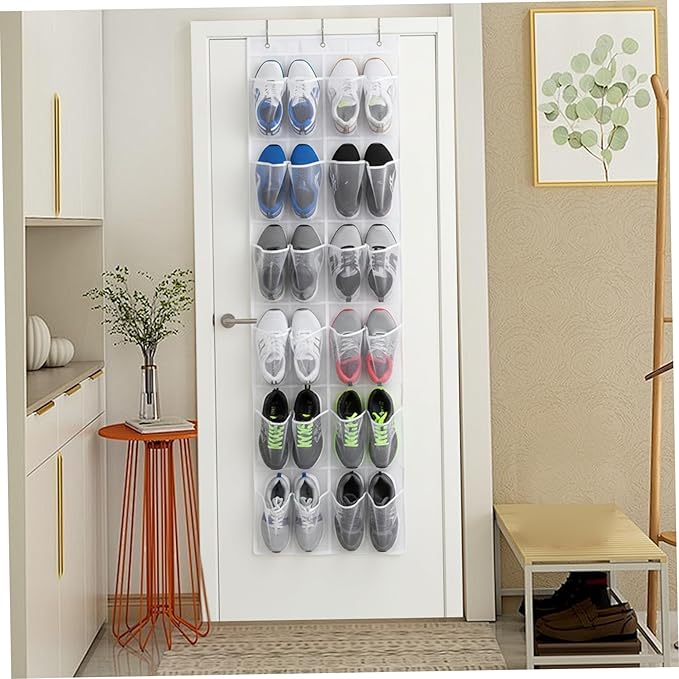 Shoe Hanger for Door 24 Mesh Pocket Over the Door Shoe Organizer Space Saving Hanging Storage Holder with Hooks 64x19 Inch White