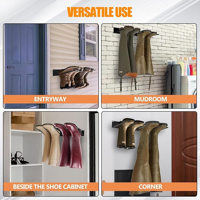 3 Pack Metal Wall Mounted Boot Rack, Sturdy Alloy Steel, Rust Resistant, Accommodates All Types of Boots, Holds 3 Boots Each, Organizes and Dries Footwear, Easy Installation