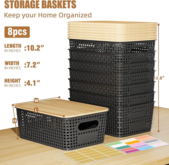 8 Pcs Plastic Storage Bins with Bamboo Lids and Labels 5.29qt Stackable Box Basket Pantry Decorative Containers, Small Storage Baskets for Desktop Organizing Shelves Bedrooms Cabinets 10*7.2*4.1"