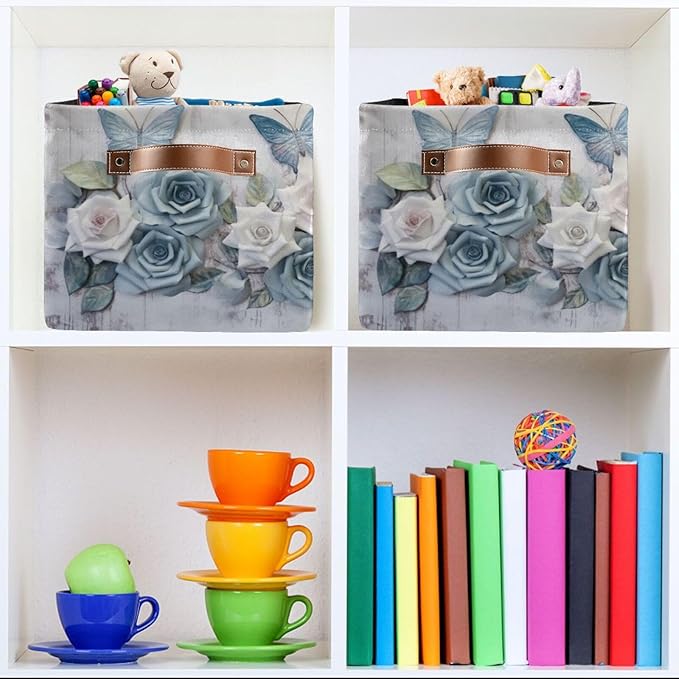 YETTASBIN Rose Butterfly Storage Basket 2pc, Large Collapsible Toys Clothes Organizer, Durable Canvas Storage Bin with Handle for Shelves Closet Laundry Home Office Decor