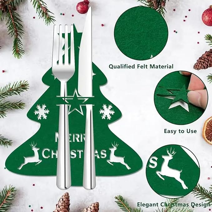 12 Pcs Christmas Tree Flatware Holder Xmas Tree Shaped Cutlery Holder Bags Knife Folk Holder Pockets Felt Silverware Tableware Cover Table Decoration for Christmas New Year Party Dinner Table Décor