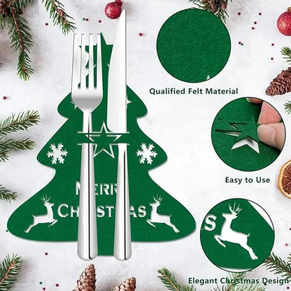 12 Pcs Christmas Tree Flatware Holder Xmas Tree Shaped Cutlery Holder Bags Knife Folk Holder Pockets Felt Silverware Tableware Cover Table Decoration for Christmas New Year Party Dinner Table Décor