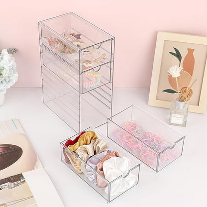 Hipiwe Plastic Drawer Organizer Clear Hair Accessories Organizer Box with 4 Pull Out Drawer Compact Storage Box for Cabinet Vanity Bathroom Pantry Office or Closet Organization
