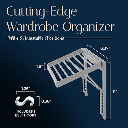TieMaster Tie Rack and Scarf Organizer, Battery-Free Design, Holds 60 Ties and Scarves with 5 Belt Hooks, Easy Installation, Wall Mounted Tie Organizer, for Men & Women