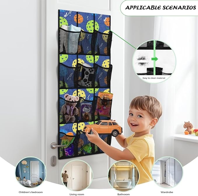 Over The Door Storage Bag with 12-Pockets, Oxford Material Waterproof Lightweight and Perfect for Organizing Bathroom Bedroom or Kitchen Essentials, Pickleball Pattern