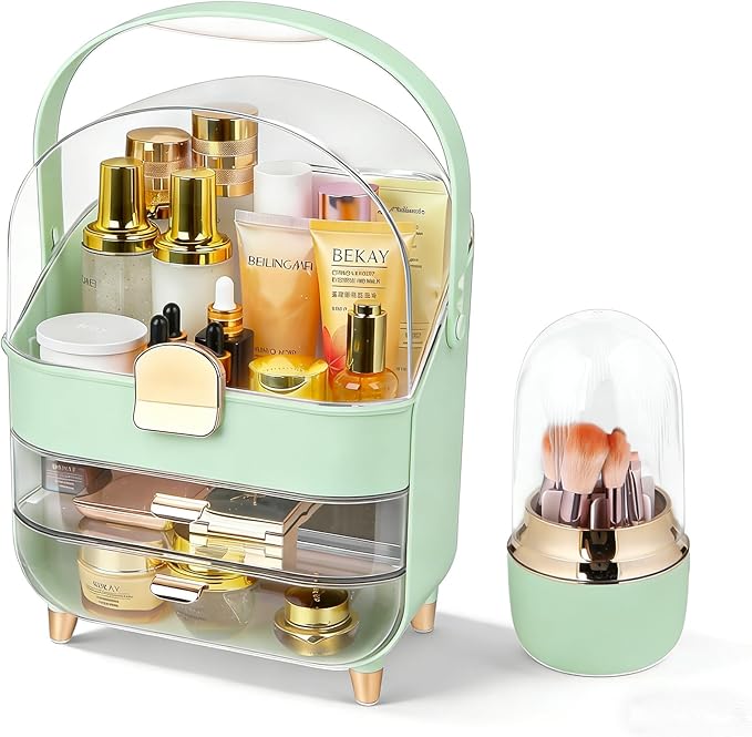 Makeup Organizer with Drawers-Cosmetic Display Case for Vanity|Skincare Organizer with 360 Rotating Brush Holder,Large Storage Box Dresser,Women Gifts Display Cases for Bathroom Countertop,Green