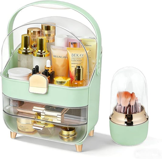 Makeup Organizer with Drawers-Cosmetic Display Case for Vanity|Skincare Organizer with 360 Rotating Brush Holder,Large Storage Box Dresser,Women Gifts Display Cases for Bathroom Countertop,Green