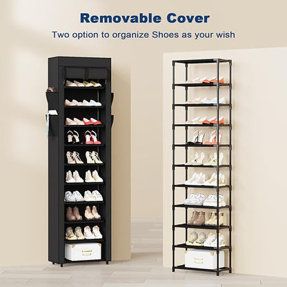 Mavivegue Shoe Rack with Cover, 10 Tier Tall Shoe Organizer for 18-22 Pairs of Shoes, Shoe Organizer with 4 Side Pockets, Shoe Cabinet for Entryway, Closet