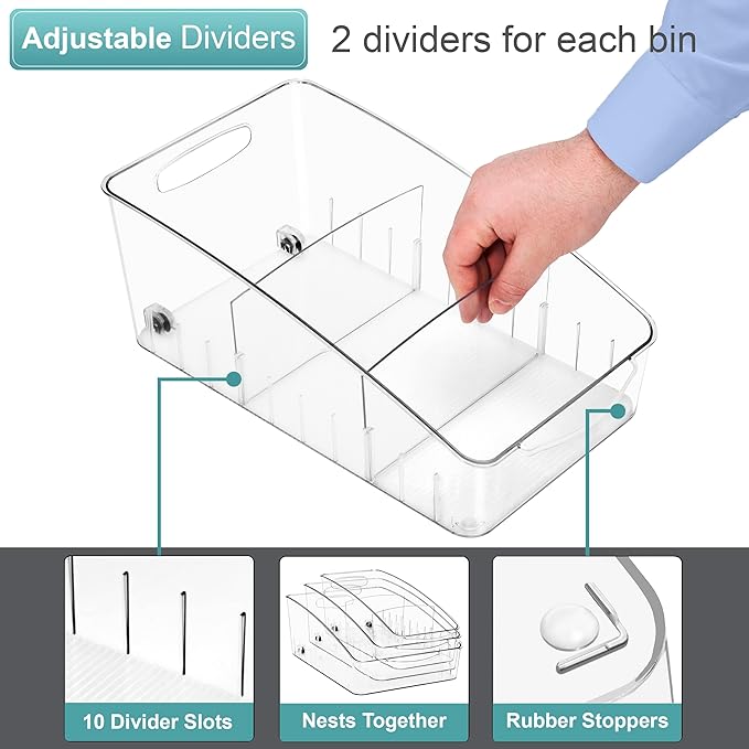 Sorbus Fridge Organizer on Wheels - Rolling Fridge Organizers and Storage Clear Design with Dividers & Handles for Kitchen Organization and Storage - Refrigerator Organizer Bins & Pantry Storage Bins