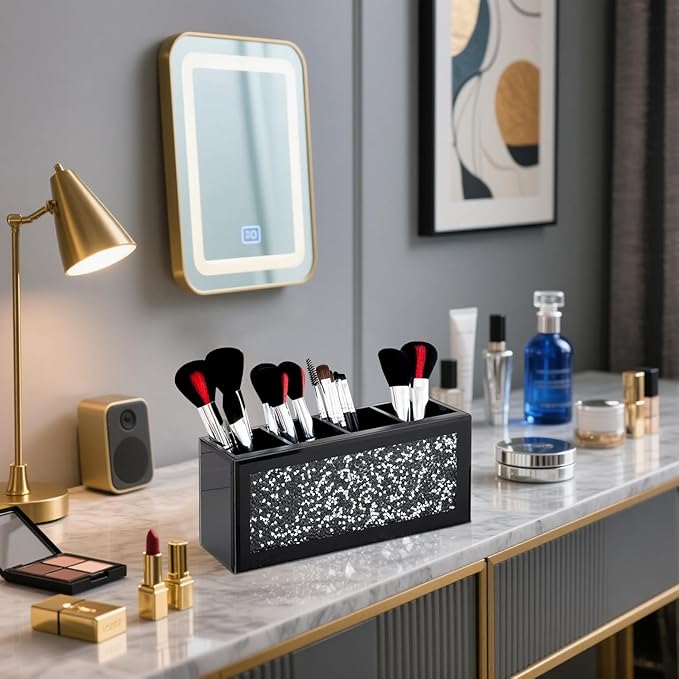 SHYFOY Black Makeup Brush Holder, 4-Compartment Makeup Organizer with Crushed Diamond Crystals, Vanity Cosmetics Organizer Solution, Pencil Holder Organizer for Desk