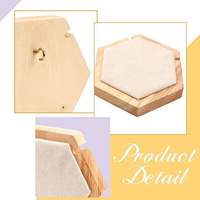 CHGCRAFT Hexagon Wooden Single Necklace Displays Stands Tabletop Pendant Necklace Display Holder with Cornsilk Velvet and Iron Hooks for Long Necklace Retail Jewelry Easel Display, 4.45x3.88x0.75inch
