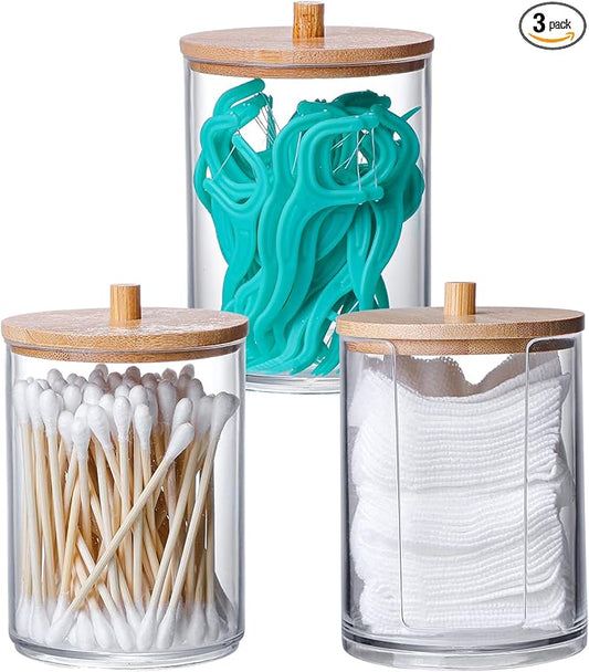 3 Pcs Qtip Holder and Cotton Round Pad Dispenser with Bamboo Lid, Small Clear Acrylic Containers for Cotton Swab/ball, Apothecary Jars Set for Bathroom/Restroom/Vanity/Makeup Storage Organizer
