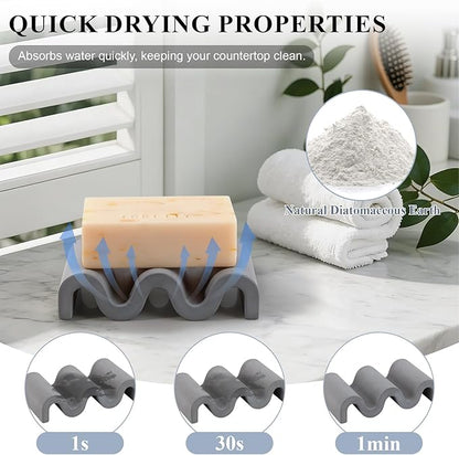 Diatomite Soap Dish Quick Drying Bar Soap Holder Draining Soap Saver Rack Wave Pattern Sponge Tray for Bathroom Sink, Shower, Kitchen, Dark Grey