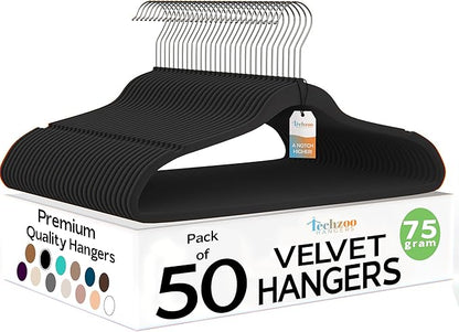 Techzoo 50 Pack New Premium Quality Velvet Hangers Ultra Thin Non Slip Adult Felt Space Saving Hangers for Closet Heavy Duty Coat Pants Jackets Dress Hangers 360° Swivel Hook Hold Upto 10 lbs Black