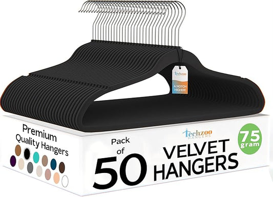 Techzoo 50 Pack New Premium Quality Velvet Hangers Ultra Thin Non Slip Adult Felt Space Saving Hangers for Closet Heavy Duty Coat Pants Jackets Dress Hangers 360° Swivel Hook Hold Upto 10 lbs Black