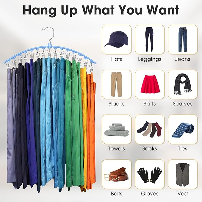 Upgrade Skirt Pants Hangers with Clips, Metal Legging Organizer for Closet with 15 Cilps Holds 60 Leggings/Shorts/Jeans/Skirts Pants Hangers Space Saving Closet Organizers and Storage, Blue 4Pack