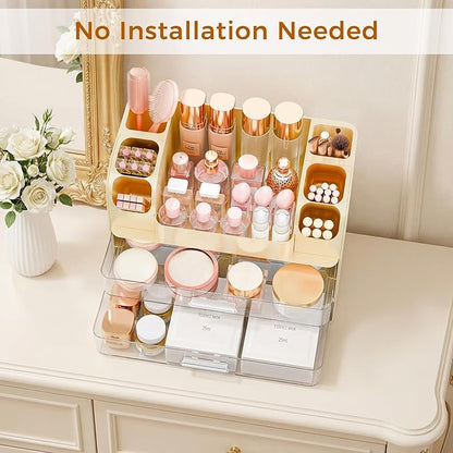 Makeup Organizer for Vanity with Brush Holder, Large Bathroom Countertop Organizer & Skincare Storage | Perfume, Cosmetics Display Case with Drawers (Cream White)