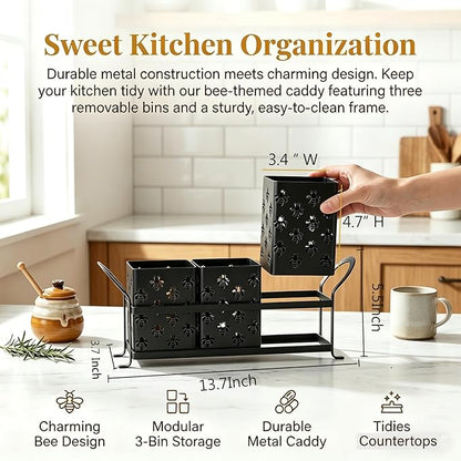 Silverware Caddy with Bee Design, 3 Compartment Metal Utensil Holder with Handles,Silverware Holder for Party Countertop, Kitchen, Outdoor, Cutlery Holder Organizer for Spoon Fork,Black