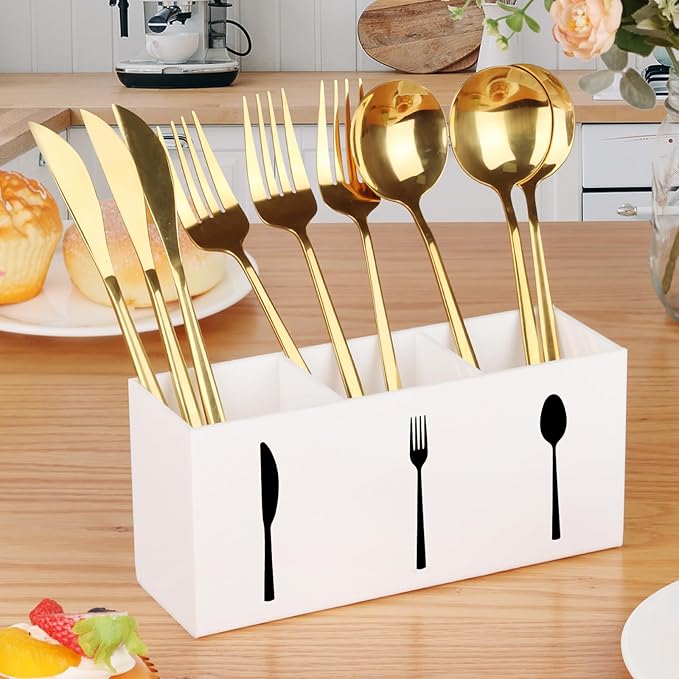 Hxezoc White Acrylic Cutlery Storage Organizer, Plastic Silverware Caddy 3 Section Tableware Holder for Kitchen Indoor Outdoor Decoration Supplies