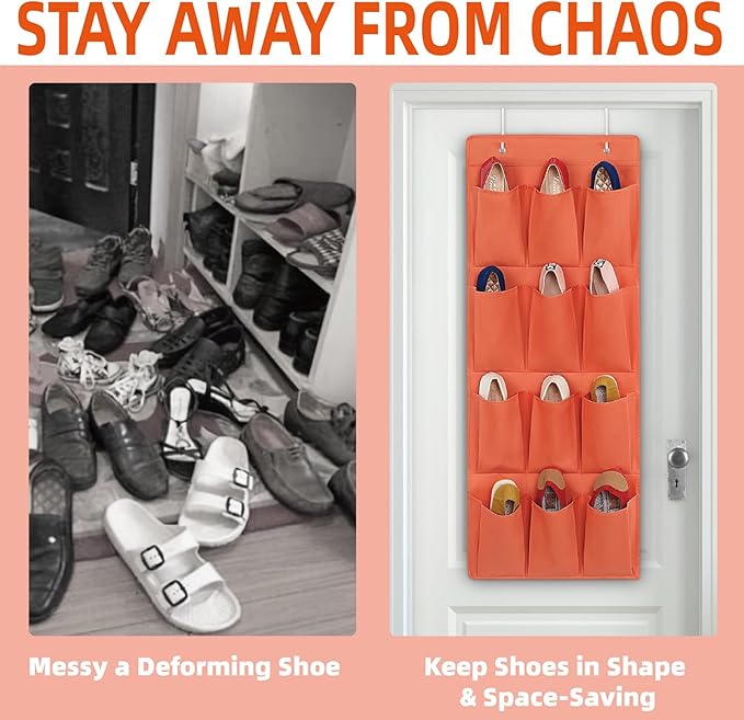 Over the Door Shoe Organizer, Hanging Shoe Rack Storage Holder with 12 Large Pockets for Closet Door, Men Women Kids Shoes, Cruise(Orange