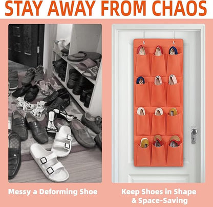 Over the Door Shoe Organizer, Hanging Shoe Rack Storage Holder with 12 Large Pockets for Closet Door, Men Women Kids Shoes, Cruise(Orange