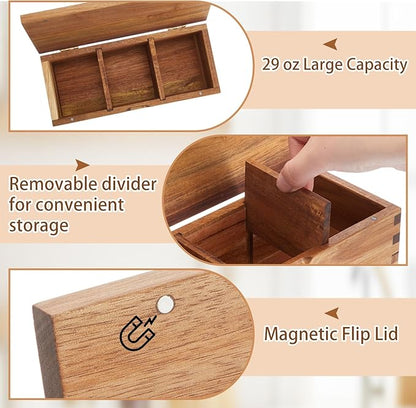 Acacia Wood Salt Cellar Spice Box with Magnetic Lid 29oz Large Capacity Salt Organizer 3 Compartments for Kitchen Countertop, Pepper, Seasonings, Spices, Grilling & Cooking