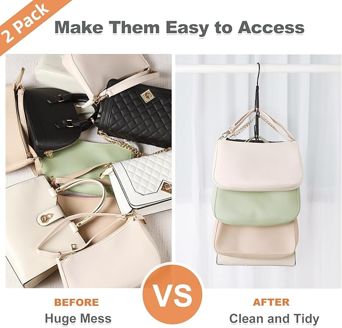 TOPIA HANGER Purse Hanger Organizer for Closet, 2-Pack Handbag Organizer Hanger, 360°Swivel Metal Purse Hooks, Bag Rack, Belt Organizer, Tie Rack, Scarf Hanger, Bag Storage Organizer, Black