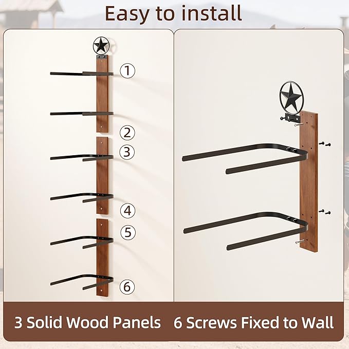 Cowboy Hat Rack for Wall – 3-Piece Western Hat Holder, Rustic Wooden & Metal Wall Mounted Cowboy Hat Organizer, Holds up to 6 Hats, Cowboy Room Decor & Storage Display Rack