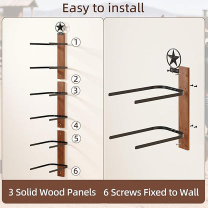 Cowboy Hat Rack for Wall – 3-Piece Western Hat Holder, Rustic Wooden & Metal Wall Mounted Cowboy Hat Organizer, Holds up to 6 Hats, Cowboy Room Decor & Storage Display Rack