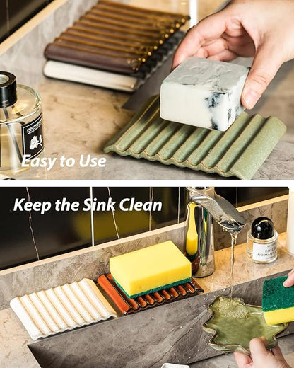 Soap Dish for Countertop with Self Drain, Ceramic Bar Soap Holder for Sink Japanese Soap Saver for Bathroom with Self Drain, Yellow