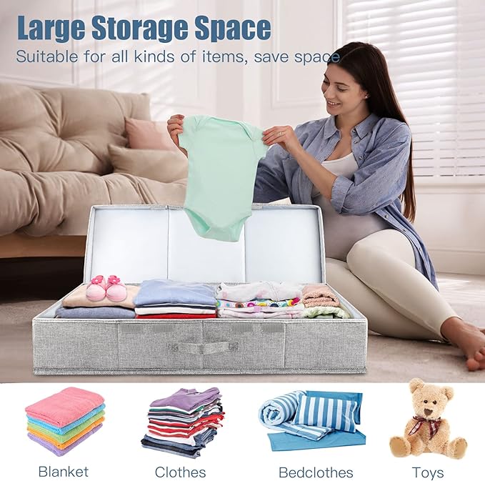 Supowin Underbed Storage Containers Bin with Lids, Large Under Bed Storage Organizer Box with Handle, Foldable Under the Storage Bags for Organizing Clothes, Shoes, Blankets, Pillows