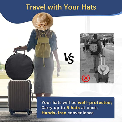 WOMACO Hat Box for Travel, Hard Shell Hat Storage Case for Cowboy Hat, Collapsible Hat Organizer Bag with Handle and Shoulder Strap (Black, Pack of 2)