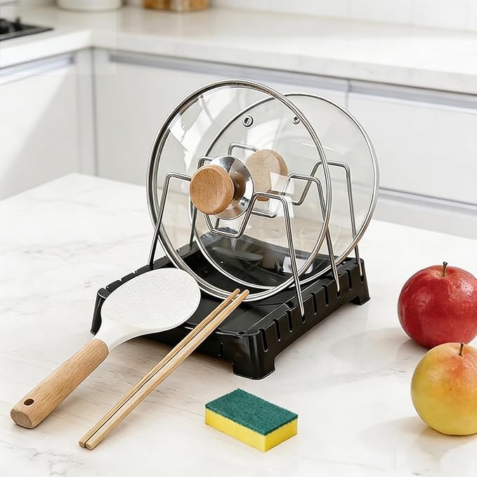 Adjustable Pot Lid Holder with Drip Tray, 2 in 1 Pot Lid Organizer & Spoon Rest, Stainless Steel Lid Holder for Countertop & Cabinet While Cooking, Space Saving Kitchen Pot Cover Rack, Easy Clean