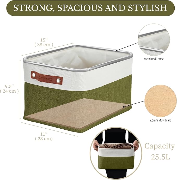 DECOMOMO Storage Bins, Large Fabric Storage Baskets for Shelves, Decorative Linen Closet Organizer, 15 x 11 x 9.5 inches (Olive Green & White, 3 Pack)