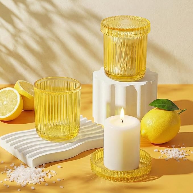 2 Pack Qtip Holder - Apothecary Jars with Lids, Bathroom Organizers and Storage Canister for Cotton Balls,Swabs,Floss Picks,Hair Ties,Clear Glass Vintage Bathroom Decor Jar Set (yellow)