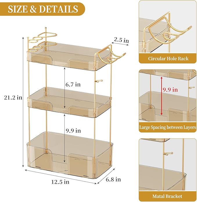 Bathroom Counter Organizer for Vanity, Makeup Organizer Countertop with Holder, Large Capacity Storage Rack, Perfect Large Skincare, Hair Care, Perfume, Easy to Install (Gold, 3Tiers)