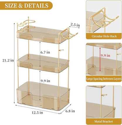 Bathroom Counter Organizer for Vanity, Makeup Organizer Countertop with Holder, Large Capacity Storage Rack, Perfect Large Skincare, Hair Care, Perfume, Easy to Install (Gold, 3Tiers)