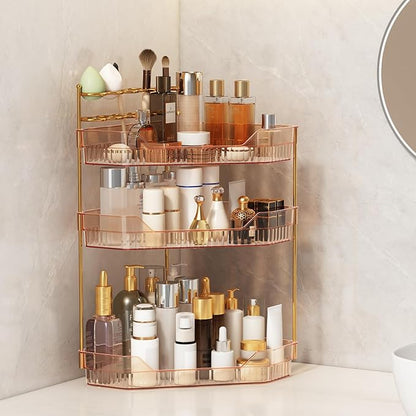 Corner Bathroom Counter Organizer with Makeup Brush Holder & Toothbrush Holders, Makeup Organizer for Vanity Countertop, Acrylic Skincare Storage Shelf (Amber, 3-Tier)