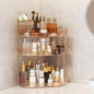 Corner Bathroom Counter Organizer with Makeup Brush Holder & Toothbrush Holders, Makeup Organizer for Vanity Countertop, Acrylic Skincare Storage Shelf (Amber, 3-Tier)