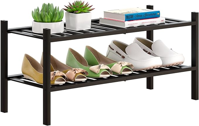 Bamboo Shoe Rack Stackable Shoe Shelf Storage Organizer for Unit Entryway Hallway and Closet Sturdy Freestanding Shoe Shelf(2 Tier Black)