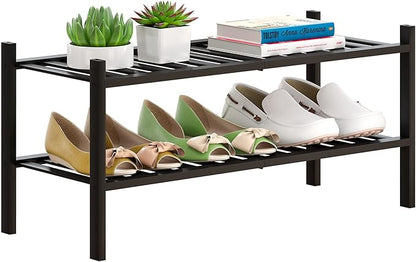 Bamboo Shoe Rack Stackable Shoe Shelf Storage Organizer for Unit Entryway Hallway and Closet Sturdy Freestanding Shoe Shelf(2 Tier Black)