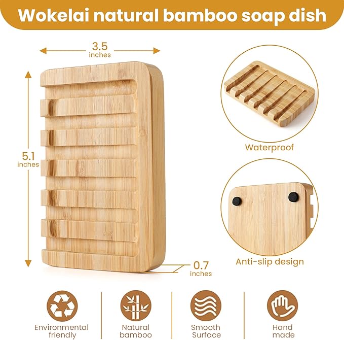 Shampoo Bar Holder Bamboo Soap Dish for Shower Wood Soap Dishes Wooden Soap Saver Tray Stand Self Draining Travel Soap Container Case for Bathroom Kitchen Bath Tub Razor Sponges, Waterfall Drain 2 PCS