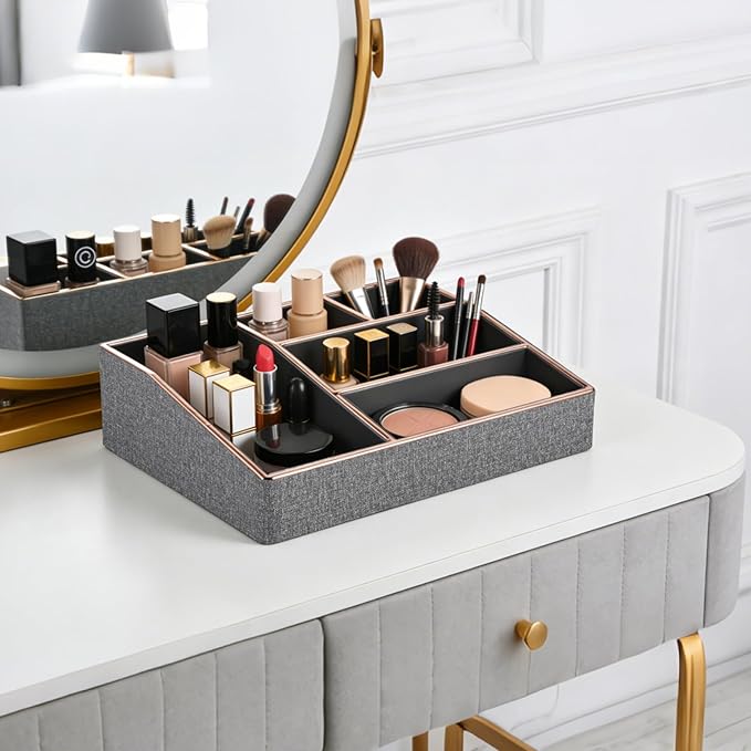 PU Leather Makeup Organizer Tray,Large Vanity Organizer,Cosmetic Storage Box for Lipstick Brushes Skincare Perfume,Cosmetic Display Case Rose Gold-trimmed for Dresser,Bathroom Countertop(Grey)