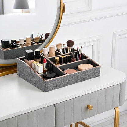 PU Leather Makeup Organizer Tray,Large Vanity Organizer,Cosmetic Storage Box for Lipstick Brushes Skincare Perfume,Cosmetic Display Case Rose Gold-trimmed for Dresser,Bathroom Countertop(Grey)