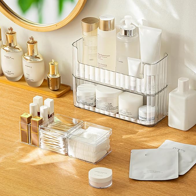 2-Tier Medicine Cabinet Shelves Organizer, Makeup Storage Holder Compartments, Shelf Trays for Bathroom Cabinet Wall, Counter, Vanity, Kitchen - Clear