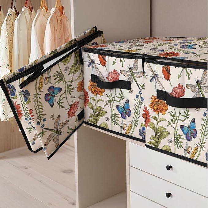 Stackable Clothes Storage Bins with Lids,Closet Organizers Fabric Cat Printing Box for Home and Office,Blanket Clothes Organizers,Under Bed Storage Containers 3 Pack.