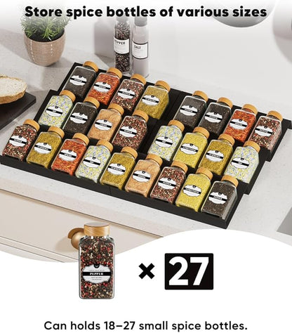 Spice Drawer Organizer, Spice Rack Tray for Kitchen Cabinet, Expandable Seasoning Storage Rack Insert for Drawer/Countertop,6 Pieces Set, ABS (Jars Not Included)
