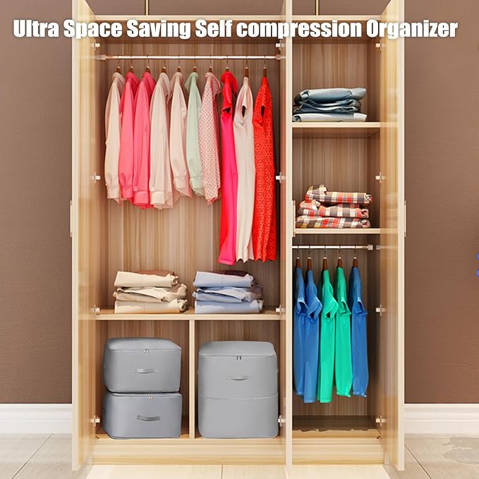 Ultra Space Saving Self Compression Storage Bags for Organizer, Large Heavy Duty College Moving Bags, Travel Packing Organizers Storage Tote for Clothes Comforters,Blankets,Bedding (Gray,XL)