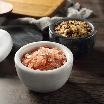 jalz jalz Marble Salt and Pepper Box Set with Spoons and Lid, Salt Cellar Salt Keeper Container, Black and White, Large Capacity 10 Ounce Bowl, 4 inch Diameter, 2.8 inch Height